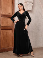 Vestido Largo De Veludo Para Mujer Elegante Vestido De Fiesta De Velours Lujo Con Cuello En V Manga Larga A-Line Pierna Ancha Polyester - details 6