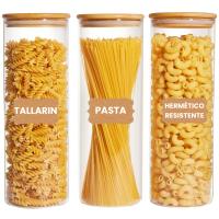 3 Tarros de Cristal con Tapa de Bambú – Herméticos y Resistentes, para Almacenaje de Pasta, Arroz, Especias y Alimentos Secos, Vidrio de Borosilicato Reforzado, Transparentes y Elegantes - Incluye Etiquetas - details 0