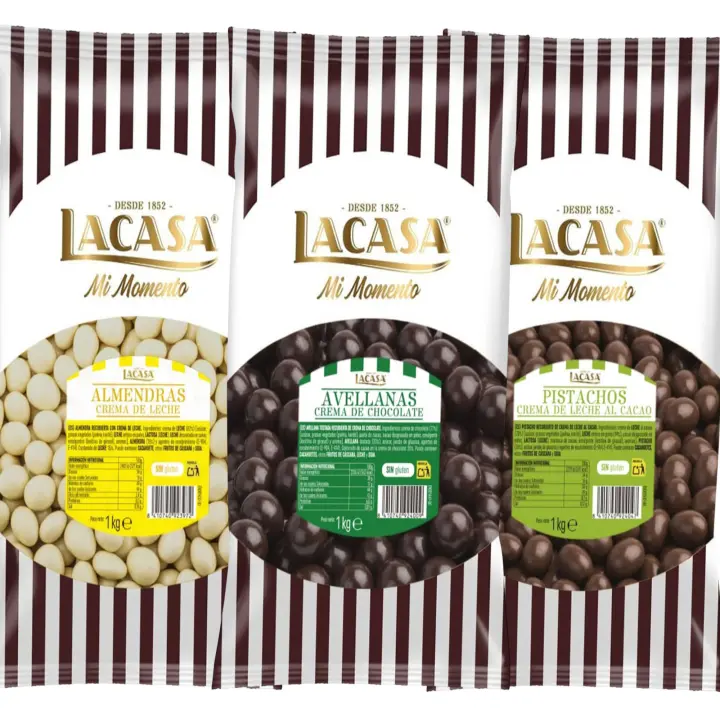 Lacasa Pack 3kg de bolas: Almendra con chocolate Blanco,Avellana con chocolate Negro,Pistachos con chocolate Leche - 1
