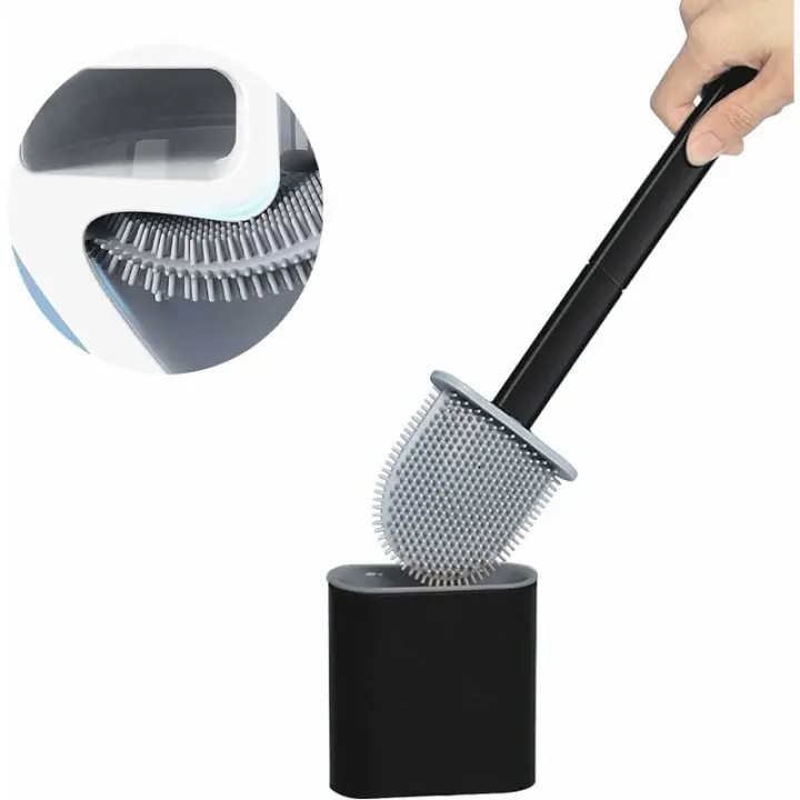 Escobilla y soporte para inodoro de silicona TPR, escobilla para inodoro con mango largo desmontable, montaje en piso/pared con base de filtro de agua, para esquinas y pequeños espacios entre el inodoro y la pared (negro) - 1