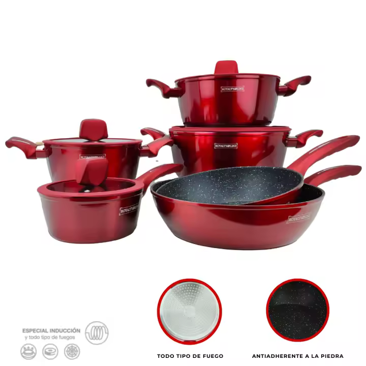Bateria de Cocina Royalty Line Rojo Metalizado – 10 Piezas ,(3 cacerolas+ tapa, 1 cazo+tapa, 2 sartenes profundas) con Revestimiento Antiadherente Tipo Piedra - 1