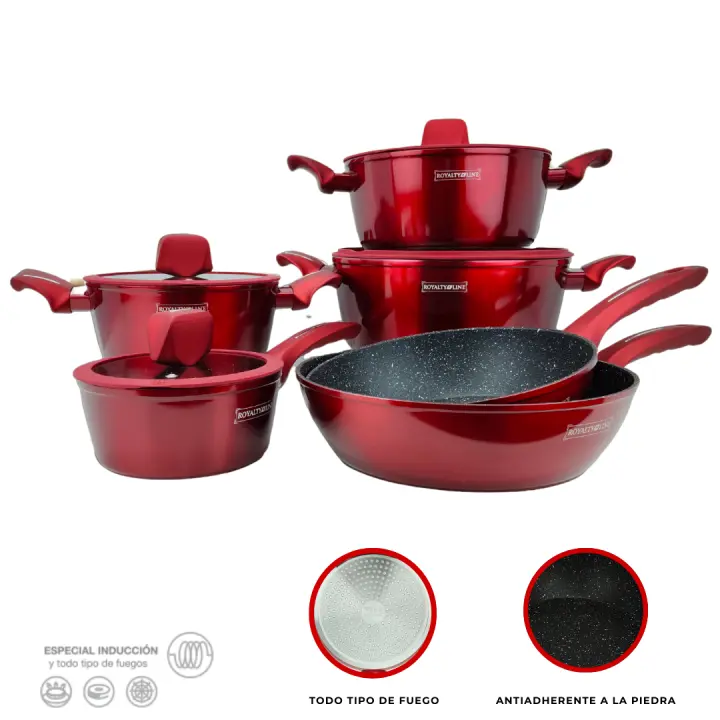 Bateria de Cocina Royalty Line Rojo Metalizado – 10 Piezas ,(3 cacerolas+ tapa, 1 cazo+tapa, 2 sartenes profundas) con Revestimiento Antiadherente Tipo Piedra - 1