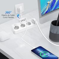 Regleta con Interruptores Individuales – 4 Enchufes + 3 Puertos USB | 1 USB-C | Enchufe Múltiple con Cable Corto de 5 cm | Adaptador de Pared Compacto, Blanco - details 4
