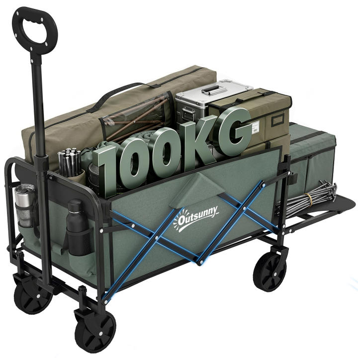 Outsunny Carro Playa con Ruedas Carro de Jardín Plegable con Mango Telescópico Ajustable Puerta Trasera Expandible Carga 90 kg Carrito Transporte para Todo Terreno Jardín Campaña Compra Verde