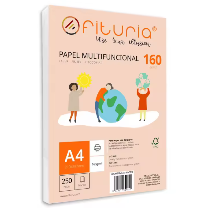 Paquete de folios A4 de 160gr con 250 Hojas Blancas, Papel Multifuncional para Uso Escolar y Entornos Laborales. Ideal con impresoras láser, de inyección o fotocopiadoras - Ofituria - 1