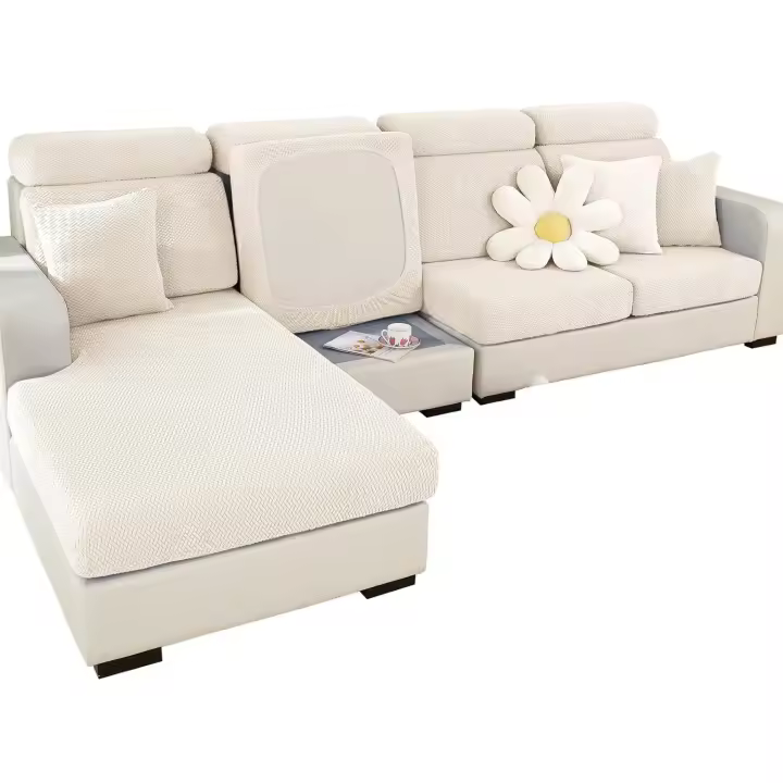 Ajustable Funda Sofa 3 2 1 Plazas Chaise Long, Funda para Sofa Cubre Elástica Resistente al Desgaste, Universal Protector de Asiento Fundas de Cojín (Tejido Blanco, Funda para Chaise) - 1