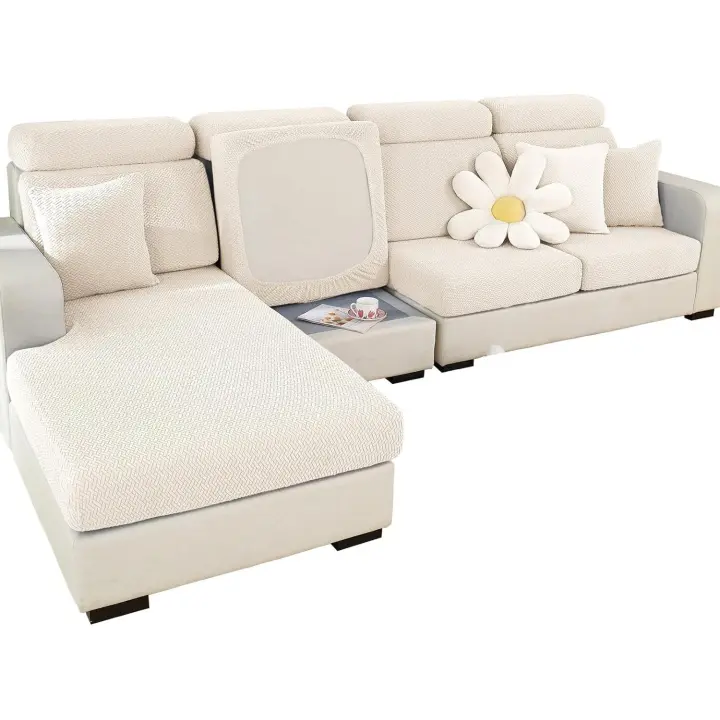 Ajustable Funda Sofa 3 2 1 Plazas Chaise Long, Funda para Sofa Cubre Elástica Resistente al Desgaste, Universal Protector de Asiento Fundas de Cojín (Tejido Blanco, Funda para Chaise) - 1