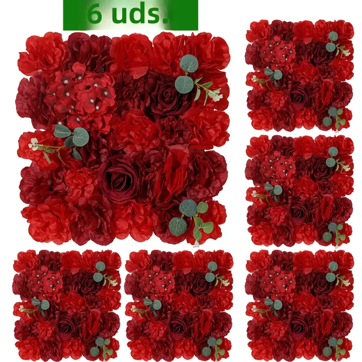 6Pcs Paneles De Flores Artificiales Rosas Y Euforbia En Seda Para Decoración De Fondo De Bodas Y Fiesta Decoración Del Hogar Y Eventos - 1