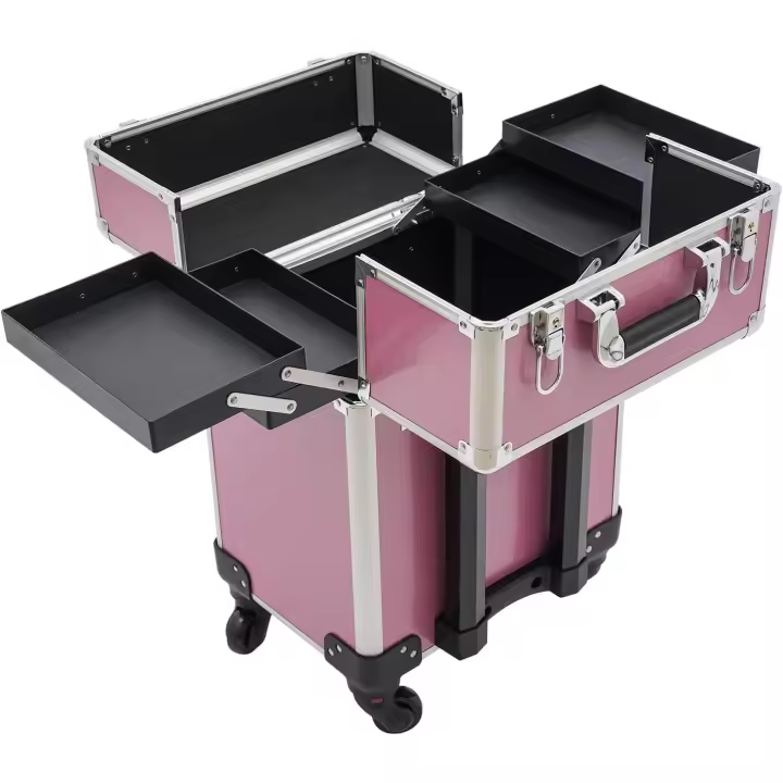Estuche de maquillaje con ruedas, estuche de viaje para cosméticos, estuche de maquillaje portátil con ruedas y llave universales para peluqueros y maquilladores (rosa) - 1