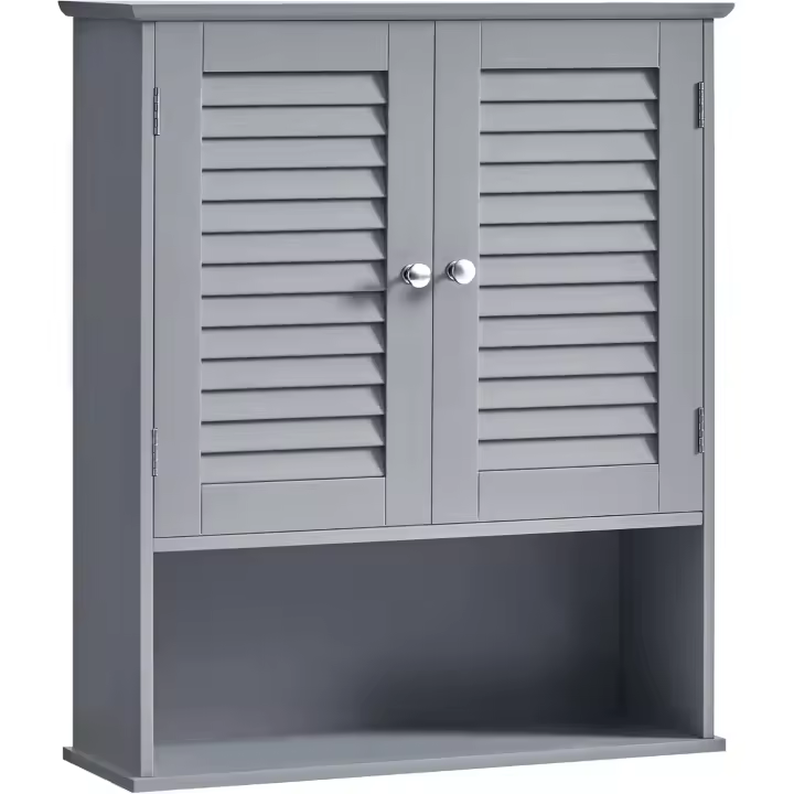 Armario de Pared para Baño, Armario Colgante, Armario de Almacenamiento con Estante Ajustable, Puertas de Doble Persiana y Estante Abierto, 20 x 60 x 70 cm, Gris Místico BBC027P36 - 1