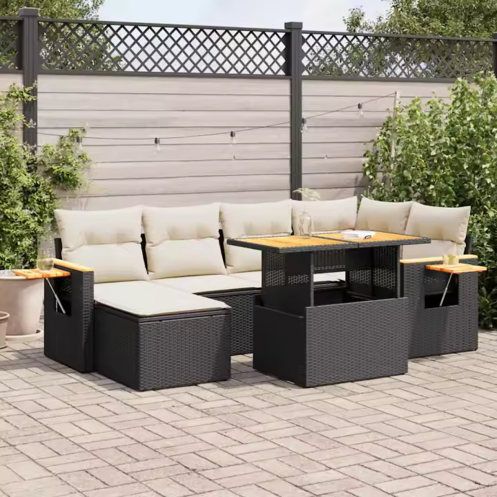 vidaXL Set sofás jardín y cojines 7 pzas ratán sintético acacia negro - 1