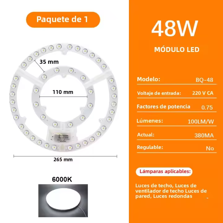 Panel LED 220V Luz De Techo Reemplazo Módulo LED 72W Redondo Cuadrado Placa De Luz 6000K/4000K Módulo Para Luces De Ventilador De Techo - 1