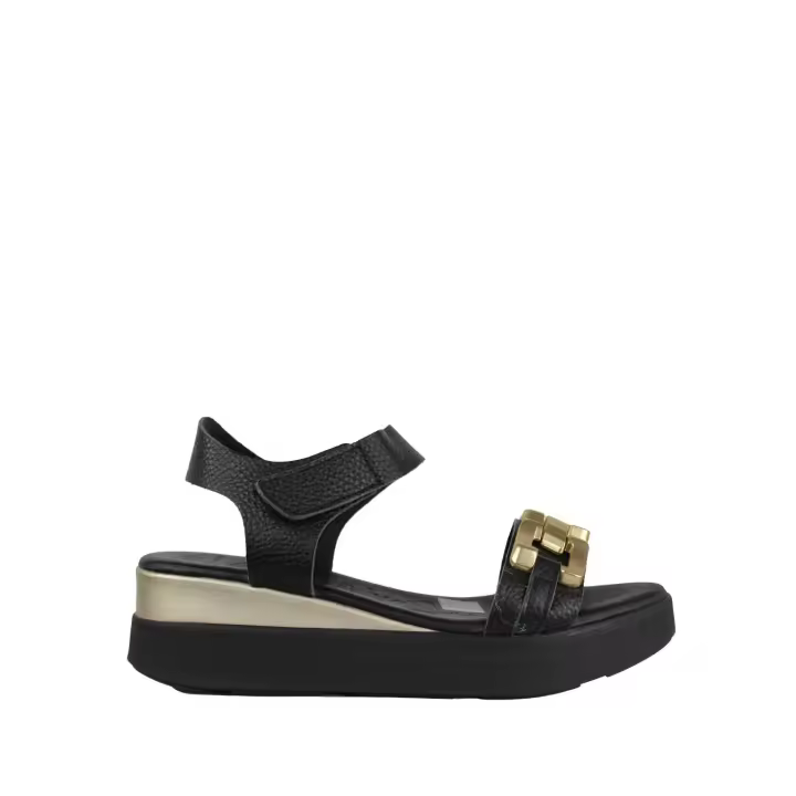5419 OH MY SANDALS Sandalia modelo DOYA fabricada en piel color negro, diseñada con cadena dorada decorativa y cierre mediante velcro. Planta de piel almohadillada. Suela con plataforma de 4 cm. - 1