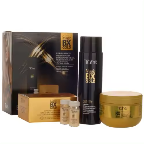 Tahe Pack Cabellos secos: Champú + Mascarilla + Tratamiento Magic BX Gold | Pro­lon­ga­dor del efec­to Magic BX Gold. - 1