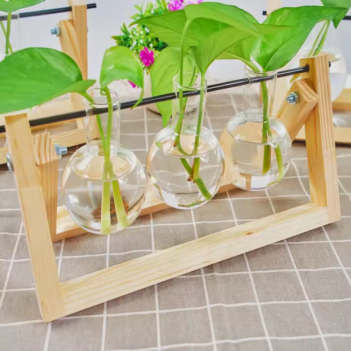Jarrón De Vidrio Para Plantas En Escritorio Estación De Propagación Hidroponía Con Soporte De Madera Terrario Juego De Flores Estilo Americano Y Art Decó - 1