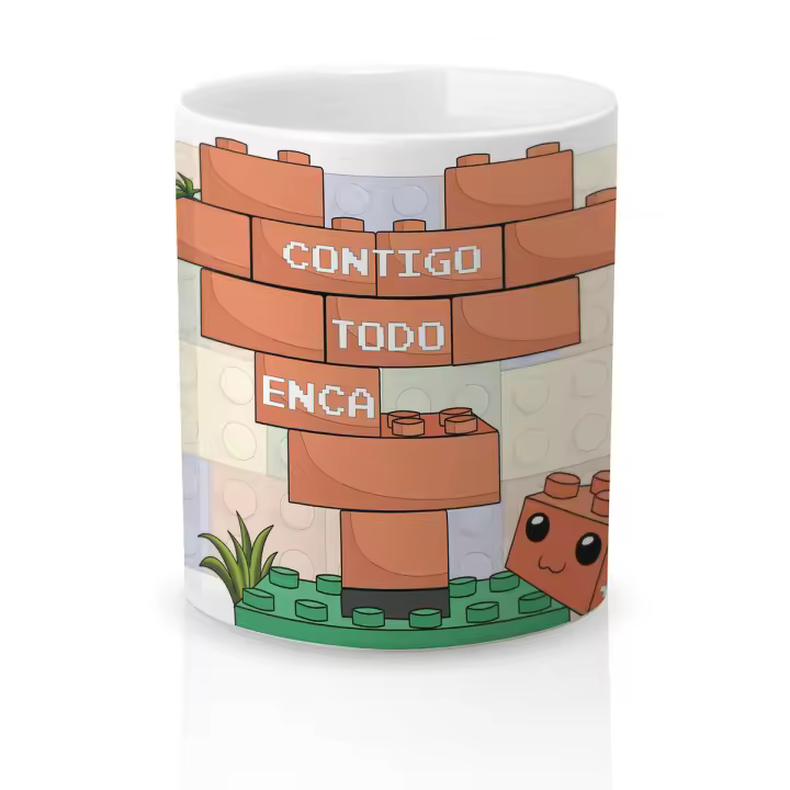 Taza cerámica Regalo Original Amor y Amistad. Resistente 100% al microondas y lavavajillas. Taza con Frase Contigo todo encaja (bloques) - 1