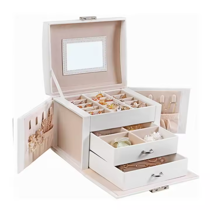 Caja joyero de 3 niveles con espejo, asa y cerradura, ideal para viajes, estilo moderno, blanco clásico o negro, perfecto como regalo - 1