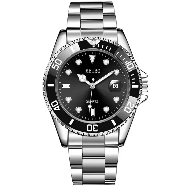 Reloj De Hombre De Lujo En Acero Inoxidable Plata Resistente Al Agua Con Bisel Rotativo Luminoso Y Marcas Arábigas Estilo Casual - 1