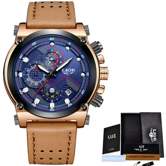 Reloj De Pulsera Deportivo Para Hombre LIGE Con Correa De Cuero Marrón Cronógrafo Resistente Al Agua Fecha Automática Regalo Reloj De Mano - 1