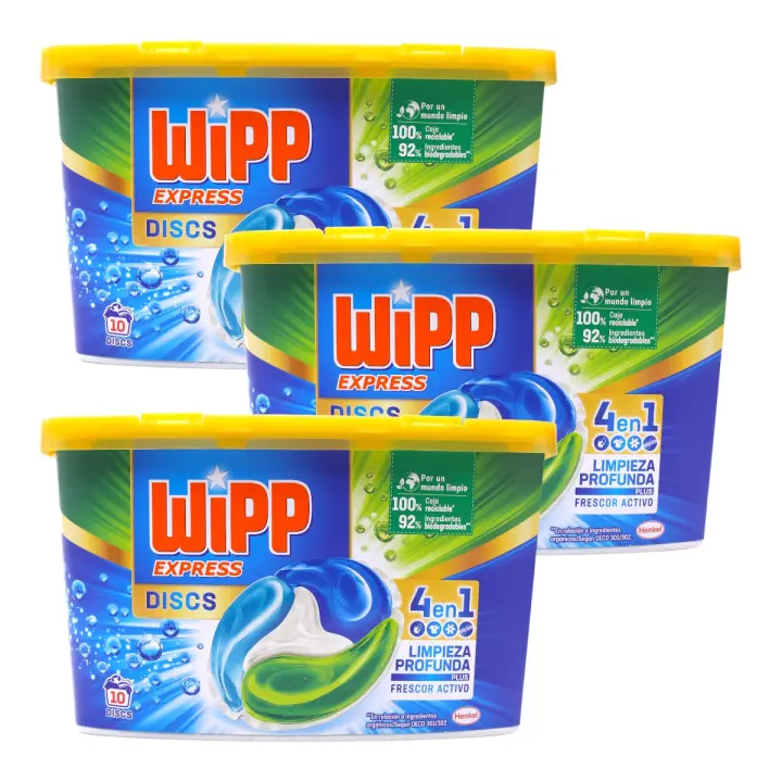 Wipp Express Discs Pack de 3 cajas de Detergente en Cápsulas 4 en 1 limpieza profunda 10 Dosis (30 dosis en total) - 1