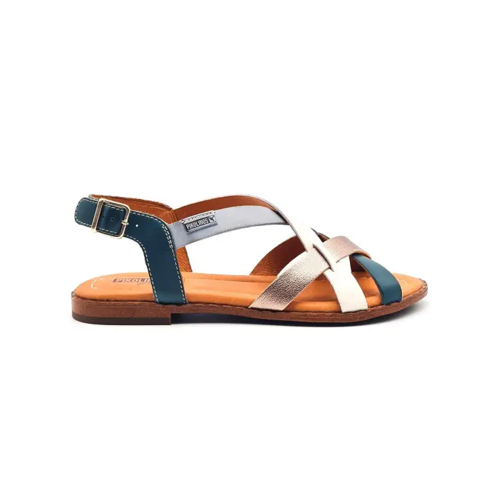 Pikolinos Sandalia Plana Mujer Azul Beige Tiras Entrelazadas - 1