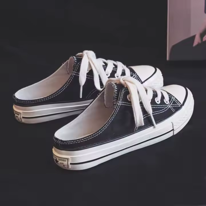 Zapatillas Planas De Lona Para Mujer Media Caña Con Cordones Moda Otoño Negro Blanco Suela Baja Punta Redonda Zapatos Casuales - 1