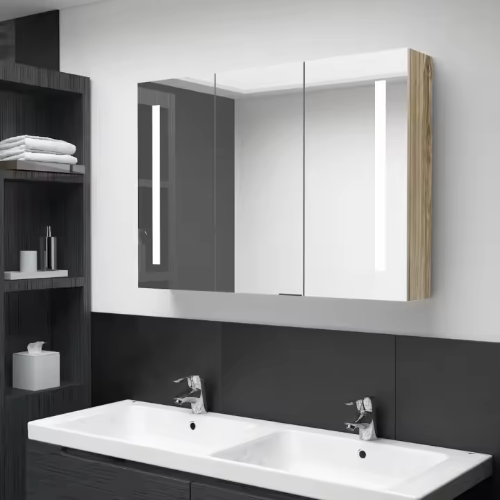 vidaXL Mueble de baño con espejo LED color 89x14x62 cm en color Roble/Blanco brillo/Gris hormigón y más | almacenamiento funcional diseño moderno para baño dormitorio sala - 1