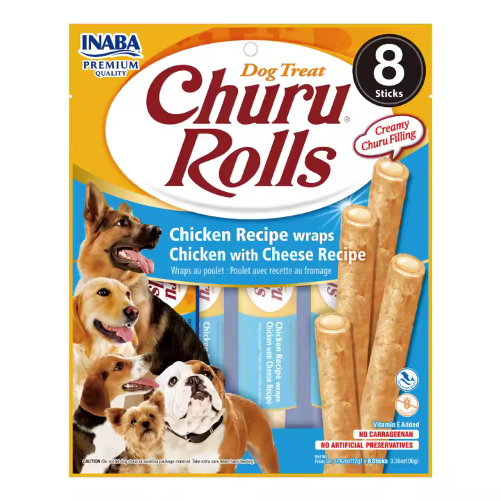 Inaba Churu Rolls Receta de Pollo y Queso Snack para Perros (8 packs x 8 unidades x 12gr) - 1