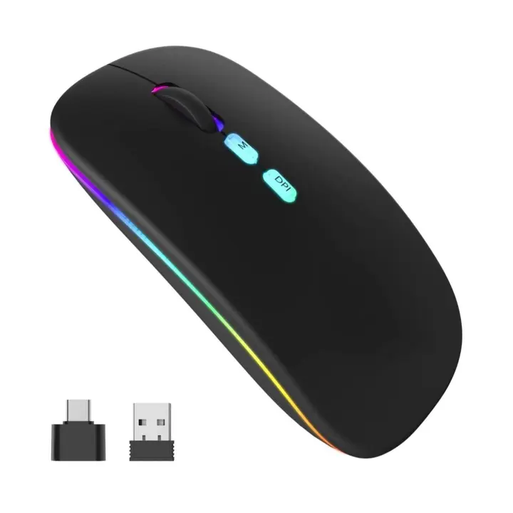 Ratón inalámbrico recargable con botón de silencio de retroiluminación con receptor USB y adaptador tipo C para USB 2,4 GHz y 7 colores, ratón inalámbrico delgado de 3 dpi 800/1200/1600 dpi Compatible con iPad / PC / Mac / Windows - 1