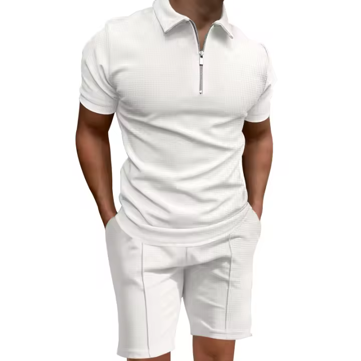 Camisa Polo Para Hombre Verano 2024 Conjunto De Color Sólido Con Cuello En V Manga Corta Ajustada Estilo Casual - 1
