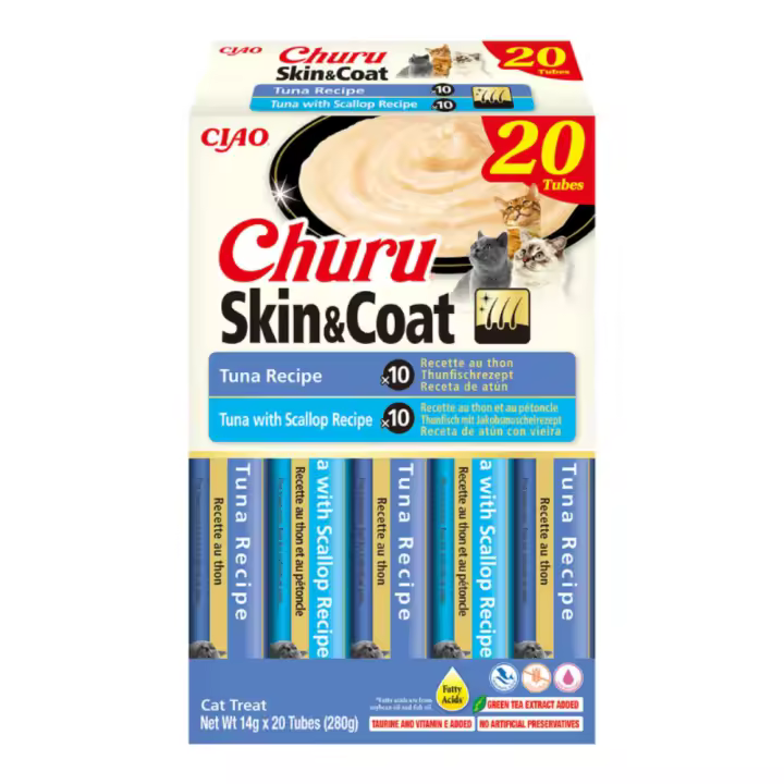 Inaba Churu Skin&Coat 20 tubos. Churu Skin&Coat de atún o pollo es un delicioso snack cremoso para gatos, enriquecido con ácidos grasos omega 3 y 6, además de taurina, para favorecer una piel saludable y un pelaje brillante. - 1