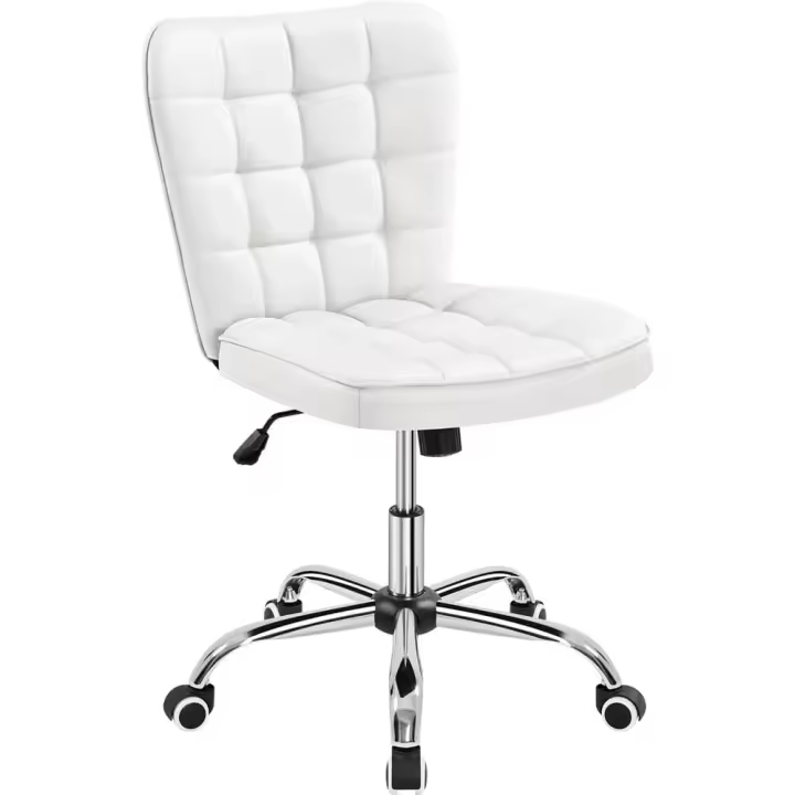 Silla de Oficina sin Reposabrazo Silla Oficina Tapizada de Cuero PU Silla con Ruedas Silla Ergonomica Base Metal Blanca - 1