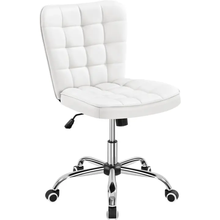Silla de Oficina sin Reposabrazo Silla Oficina Tapizada de Cuero PU Silla con Ruedas Silla Ergonomica Base Metal Blanca - 1
