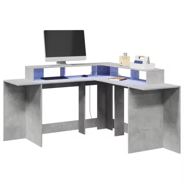 vidaXL Escritorio con LED madera ingeniería 152x152x91cm en color Gris hormigón/Roble ahumado/Marrón roble y más | estructura resistente ideal para salón dormitorio o estudio - 1