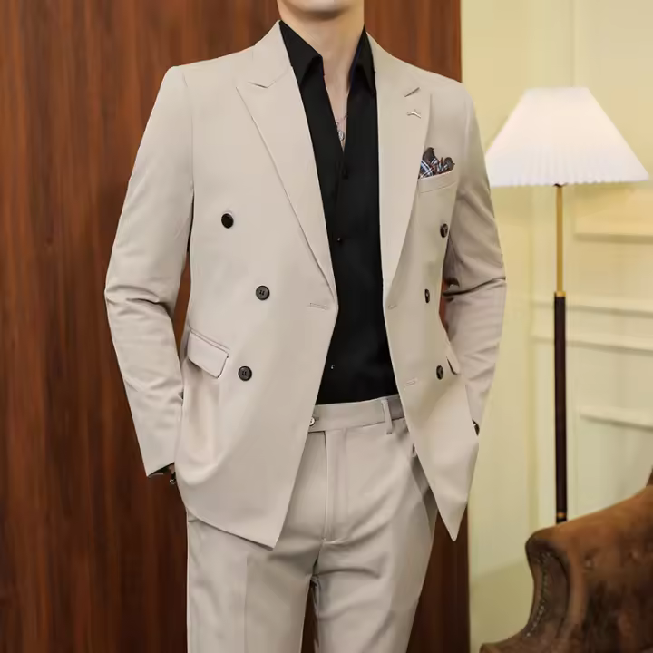 Traje De Negocios Slim Fit Doble Botón De Color Sólido Dos Piezas Coreano Elegante Para Hombres Con Pantalones Talla S-7XL - 1