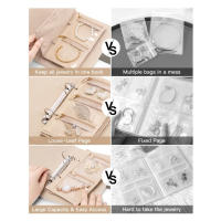 Organizador de joyas de viaje, Organizador de joyas de cuero, Carpeta de anillas con bolsillo de terciopelo transparente con Cremallera para pendientes, anillos, pulseras, Collares, Regalos para Mujeres, beige - details 1