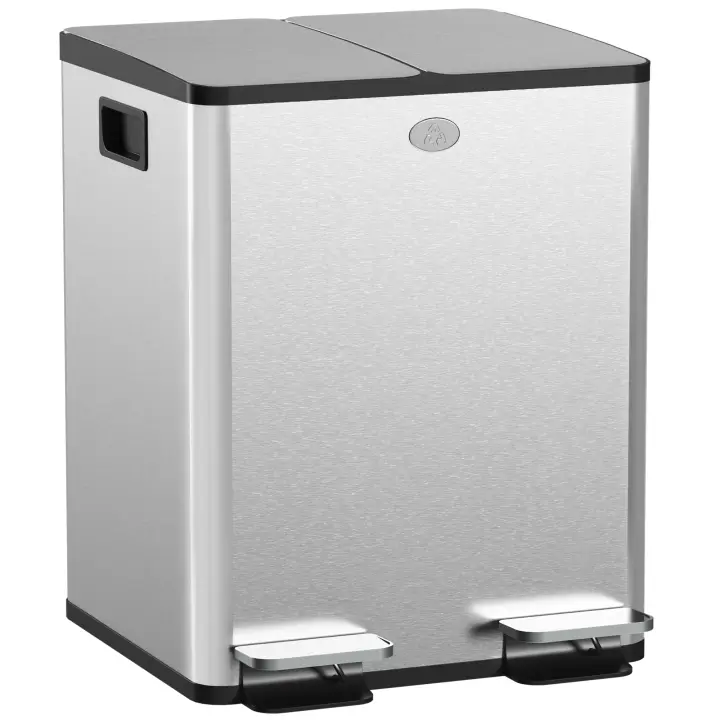 HOMCOM Cubo de basura doble para cocina HOMCOM, 2 x 20 l, cubo de basura de acero inoxidable con pedal, 2 tapas de cierre suave, cubos interiores extraíbles y asas antihuellas 45,8 x 36 x 51,6 cm - 1
