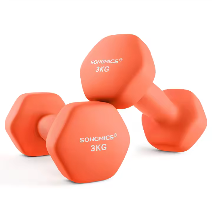 SONGMICS Juego de 2 mancuernas, mancuernas hexagonales, revestimiento de neopreno, entrenamiento de fuerza, entrenamiento de fitness, para el hogar,Rojo Rubí/Naranja Papaya - 1