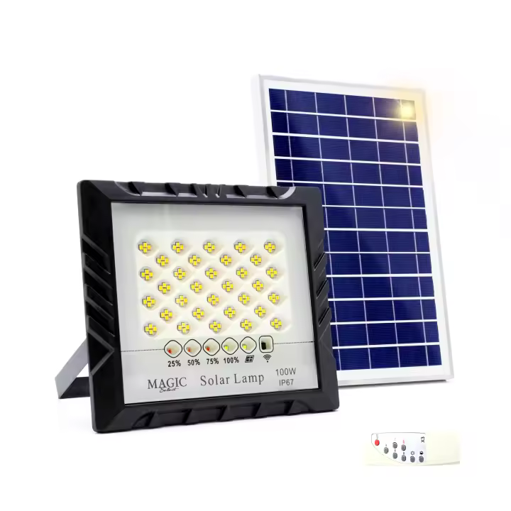 Proyector LED Foco con Panel Solar Fotovoltaico, Mando a Distancia y Sensor de Encendido Automático. Foco Solar IP67 con Luz Blanca, Iluminación de Exterior, Patio, Jardín, Camino, Garaje. - 1