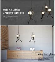 Lámpara Colgante De Hierro Vintage Con Diseño De Hombre Pequeño Arte Moderno LED Para Decoración De Sala De Estar Y Dormitorio Infantil E27 Pendente Negro - details 3