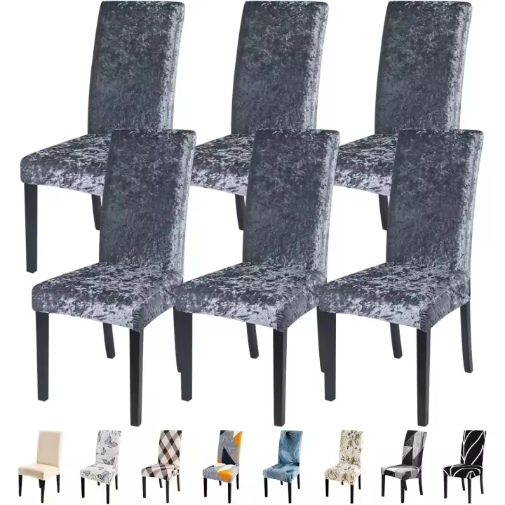 Fundas de terciopelo rugado para Sillas, fundas elásticas-extraíbles y lavables para sillas (gris, 6 por juego) - 1