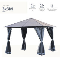 Outsunny Cenador de Jardín 3x3 m Pabellón de Exterior con Techo de Policarbonato 4 Cortinas Laterales y 4 Mosquiteras con Cremalleras Marco de Metal para Fiestas Eventos Multicolor - details 3