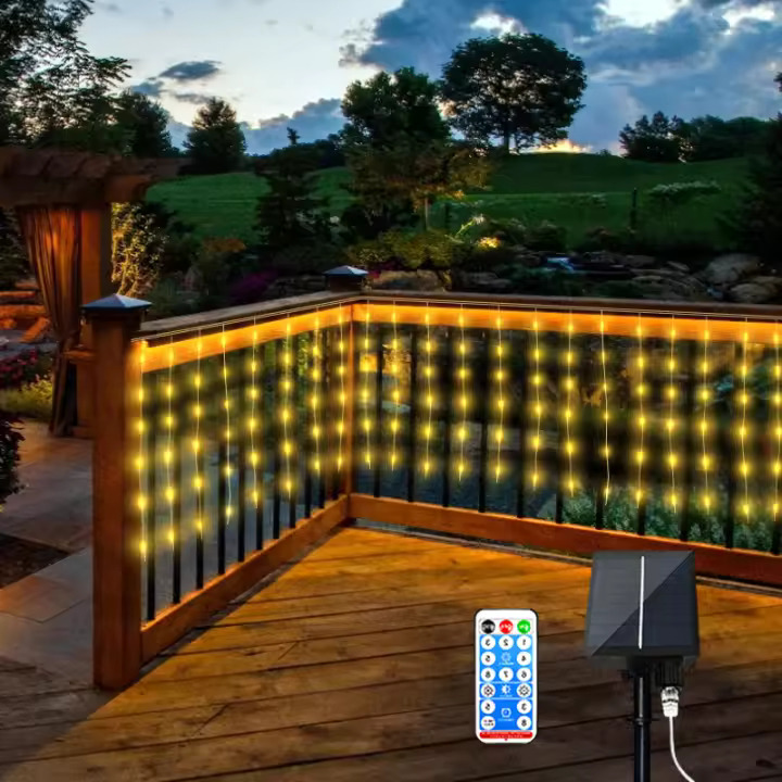 Cortina de luz Solar con Control remoto, cuerda de lámpara Solar de 5m de ancho con caída de 0,5 m para decoración de aleros de jardín, casa y exteriores, fiesta de boda - 1