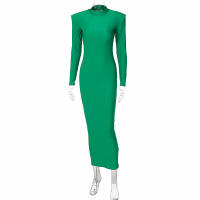 Vestido Largo Bodycon Verde Elegante Para Mujer Con Hombros Acolchados Manga Larga Estilo Club Fiesta Primavera Otoño High Stretch - details 17