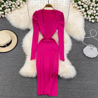 Vestido REALEFT De Mujer Otoño Invierno Con Cuello Cuadrado Manga Larga Y Acolchado De Puff Trasero Lateral Split Midi Casual - details 14