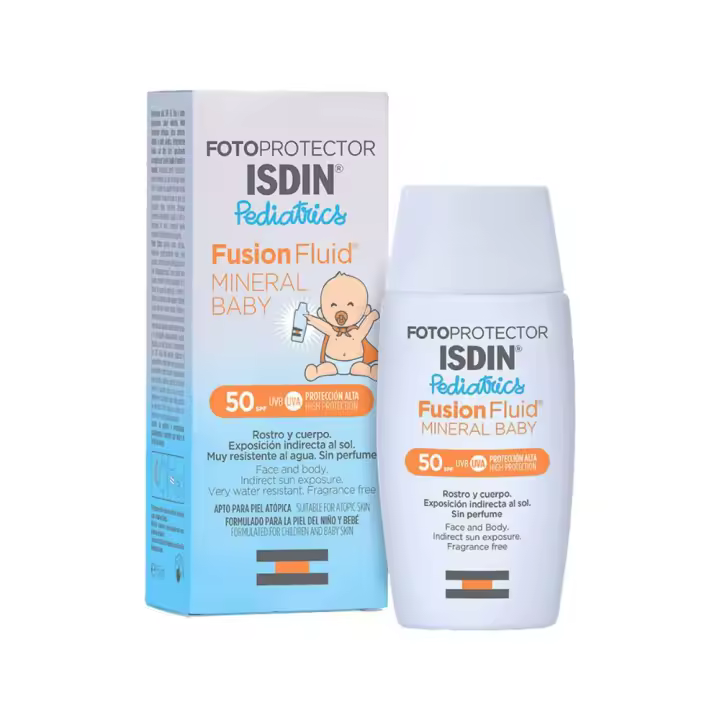 Isdin Fotoprotector Pediátrico SPF 50+ Fusion Fluid Mineral Baby 50 Ml - Protector Solar Facial y Corporal Niños +6 Meses - Filtros Minerales - 1