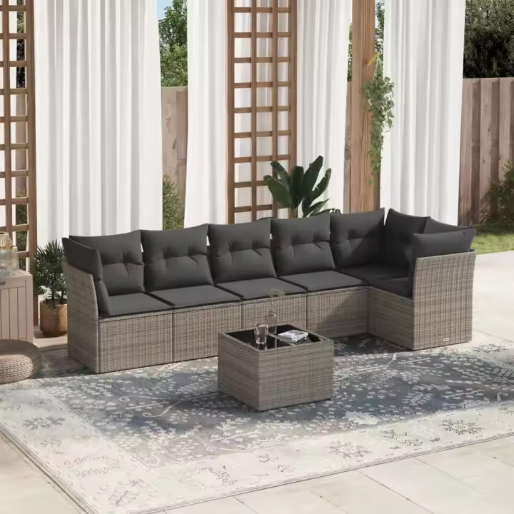 vidaXL Set de sofás de jardín 7 piezas con cojines ratán PE gris - 1