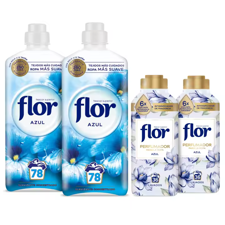 Flor Azul Suavizante Concentrado para la ropa 156 lavados + 2x Flor Perfumador Azul Intensificador Fragancia 72 Lavados - 1