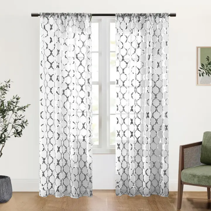 2 Piezas De Cortinas Sheer Con Patrón Geométrico Para Decoración De Sala De Estar Y Dormitorio Material De Poliéster 100% - 1