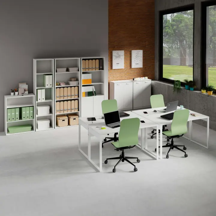 Pack Muebles Oficina 4 Escritorios y Estanterías Despacho Trabajo Estilo Moderno Color Blanco - 1